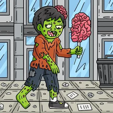 Zombie Eating Brain on a Stick Colored Cartoon Stock Illustration