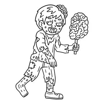 Zombie Eating Brain on a Stick Isolated Coloring Stock Illustration