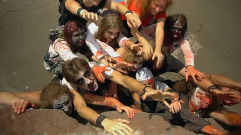 Zombie group is trying to climb the wall, top view, halloween Stock Footage 68208748