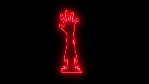 Zombie hand animated neon horror reaching up from ground 4k black background. Stockbeeldmateriaal 346569517