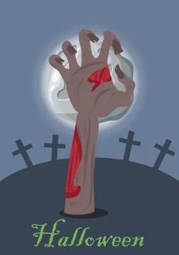 Zombie hand appears from grave with stone. Vector Stock Illustration