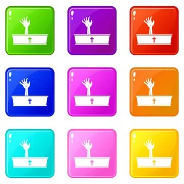 Zombie hand coming out of his coffin icons 9 set Stock-Illustration