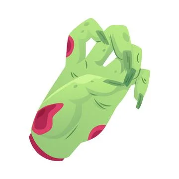 Zombie hand with green decayed skin, red wounds and long nails, vector Stock Illustration