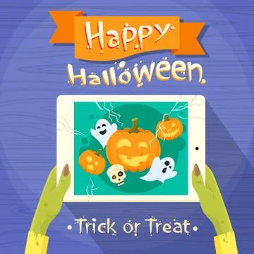 Zombie Hand Hold Tablet Computer Flat Vector Illustrazione stock