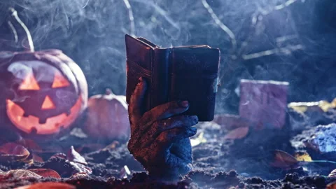 Zombie hand with old book. Reading intellectual undead. Happy halloween sale. Stock Footage 253997211