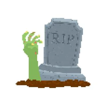Zombie hand pixel art. Dead man from grave 8 bit. Halloween vector illustrati Stock Illustration