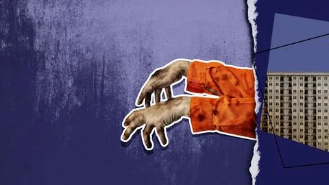 A zombie hand is reaching out of a torn piece of paper Stock Photos
