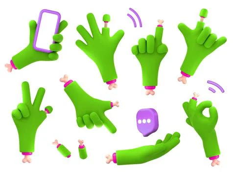 Zombie hands 3d render set, green monster palms Illustrazione stock