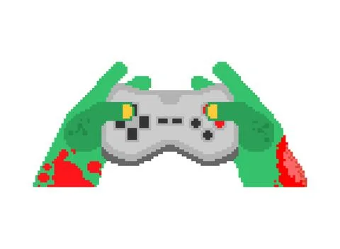 Zombie hands and joystick pixel art. 8 bit Zombie plays on gamepad. Stock Illustration