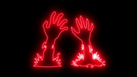 Zombie hands animated neon horror reaching up from ground 4k black background Stock Footage 346569512