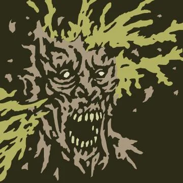 Zombie head shot with flying brains and fragments of the skull. Vector illust Stock Illustration
