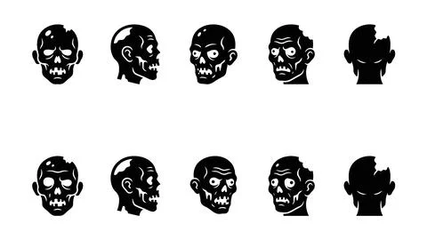 Zombie head silhouettes in various angles black icons for horror and undead.. Stock-Illustration