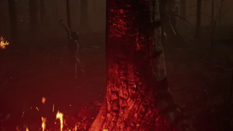 Zombie horde attack battle in the burning forest 04 Stock Footage 232356502