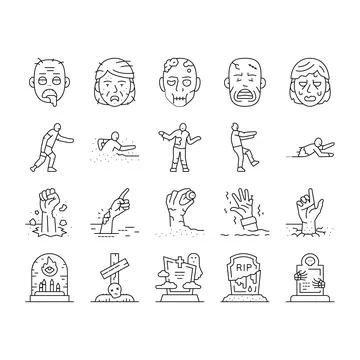 Zombie horror scary dead evil icons set vector 스톡 일러스트