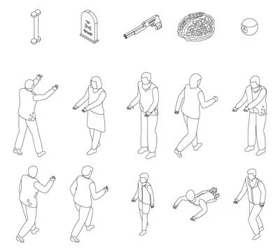 Zombie icons set outline vector Stock Illustration