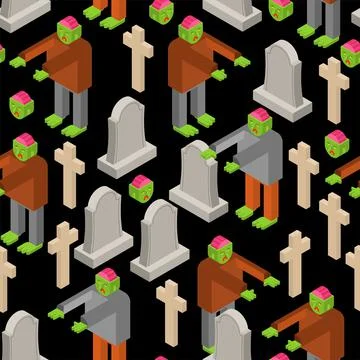 Zombie isometric pattern seamless. Dead man monster texture. zombi background Stock Illustration