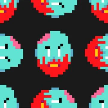 Zombie pixel art pattern seamless. zombies head and brain background Stock Illustration