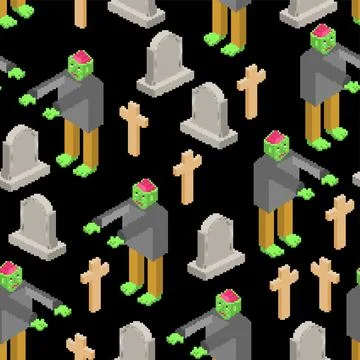 Zombie pixel art pattern seamless. 8 bit Dead man in Cemetery. monster backgr Illustrazione stock
