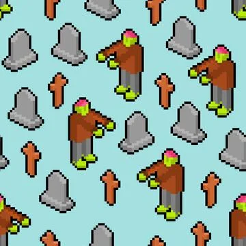 Zombie pixel art pattern seamless. 8 bit Dead man in Cemetery. monster backgr Stock Illustration