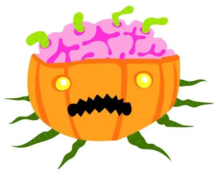Zombie pumpkin with a brain inside eating worms on a white background. Stock Illustration