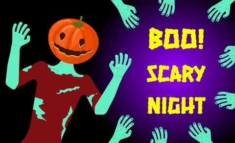 A zombie with a pumpkin head, arms reaching out. The caption reads Boo! Scar イラスト素材