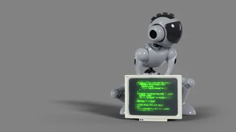 The zombie robot is looking for something useful in an old computer monitor Stock Footage 254469299