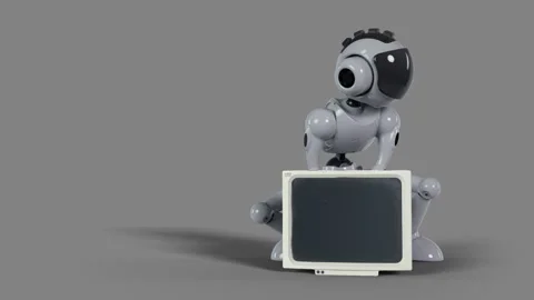 The zombie robot is looking for something useful in an old computer monitor Stock Footage 254469322