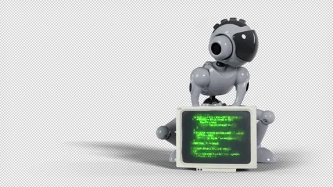 The zombie robot is looking for something useful in an old computer monitor Stock Footage 254673101
