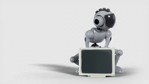 The zombie robot is looking for something useful in an old computer monitor Stock Footage 254673123