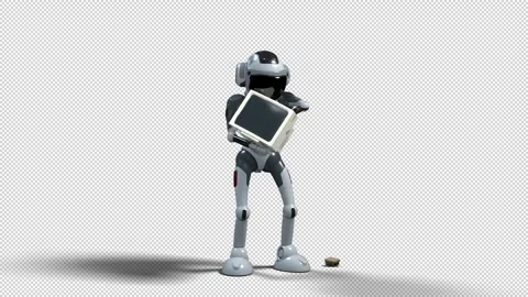 The zombie robot is looking for something useful in an old computer monitor Stock Footage 254673300