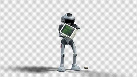 The zombie robot is looking for something useful in an old computer monitor Stock Footage 254673335