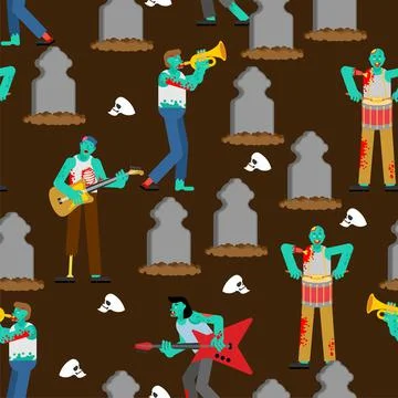 Zombie rock concert at graveyard pattern seamless. Zombies rock band. Zombie  스톡 일러스트