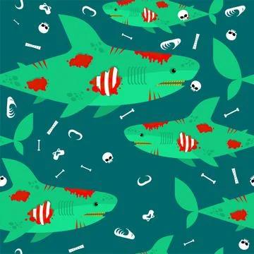 Zombie shark pattern seamless. sea predator is dead background. Green monster Stock Illustration