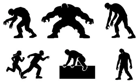 Zombie Silhouettes Set with Walking Running Creeping and Attacking Undead C.. Stock Illustration
