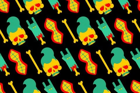 Zombie skull and hand pattern seamless. living dead monster background. hallo 스톡 일러스트