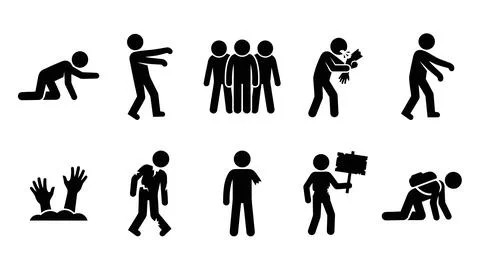Zombie stick figures showing various actions and postures in black icons Stock-Illustration