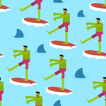Zombie surfer pattern seamless. Dead man on surfboard background. Vector text Stock Illustration