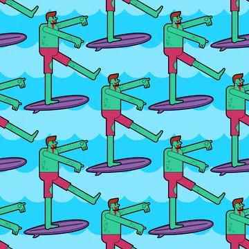 Zombie surfer pattern seamless. Dead man on surfboard background. Vector text Stock Illustration