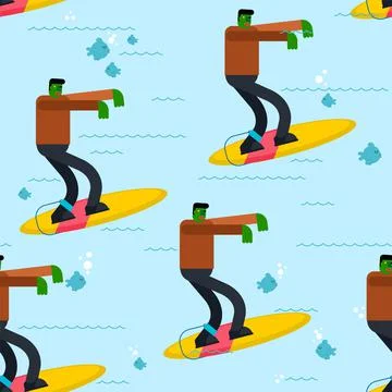 Zombie surfer pattern seamless. Dead man and surfboard background. monster an Stock Illustration