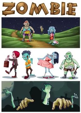 Zombie theme with zombies walking in the park at night Stock Illustration