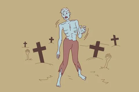 Zombie walking on cemetery at night Stock Illustration