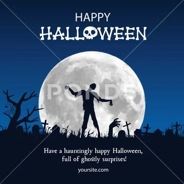 Zombie walking in a spooky graveyard under a bright full moon PSD Template