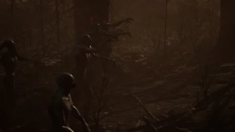 Zombies attack in the burning jungle battle with astronauts 04 Stock Footage 230632180
