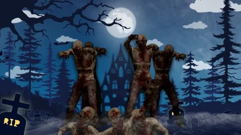 Zombies dance under the moonlight in a spooky scene. Stock Footage 318465854