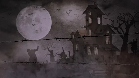 Zombies in the Fog through Barbed Wire 4K Stock Footage 92341453