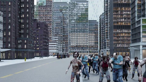 Zombies running in a city. a city infested with zombies Stock Footage 299450932