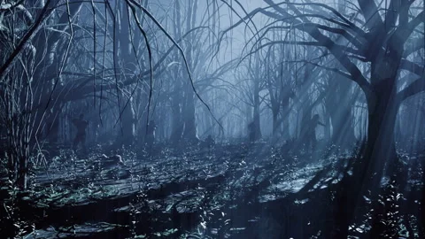 Zombies walk and crawl forward through the misty dark and scary forest. The Video stock 133284906