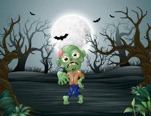 Zombies walking in the dead forest on night Stock Illustration