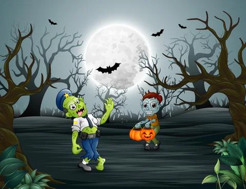 Zombies walking in the dead forest on night Stock Illustration