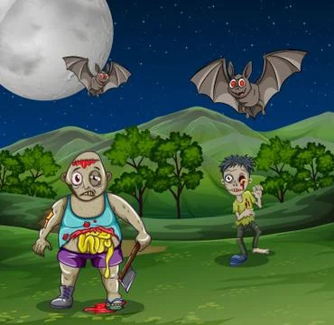 Zombies walking in the field at night Stock Illustration
